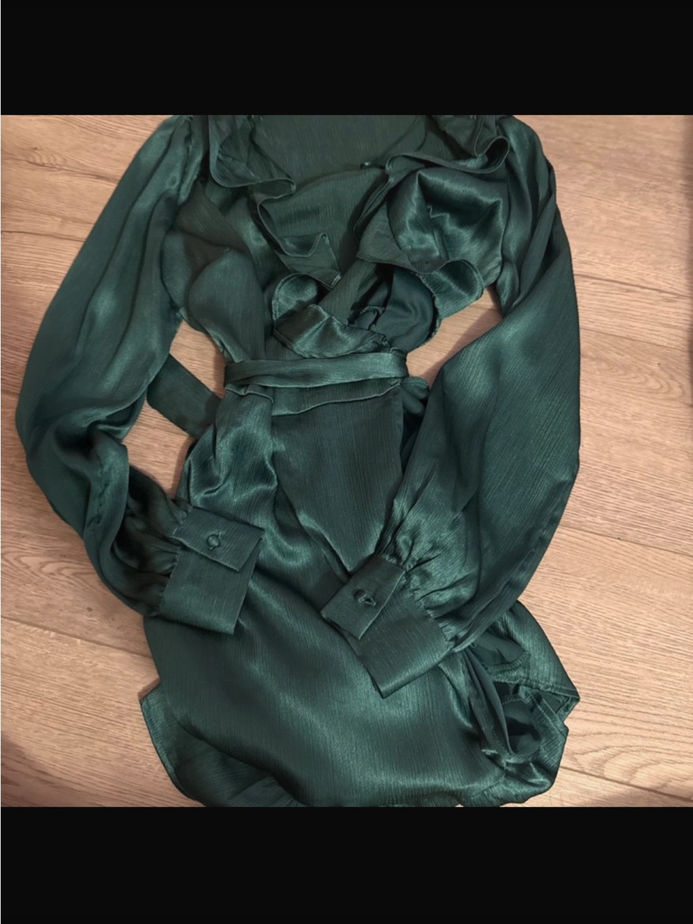 Francesca's Green Satin Ruffle Wrap Dress